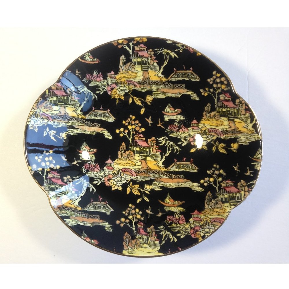 Royal Winton Grimwades Black Pekin Pedestal Serving Bowl - 10 inches mid century